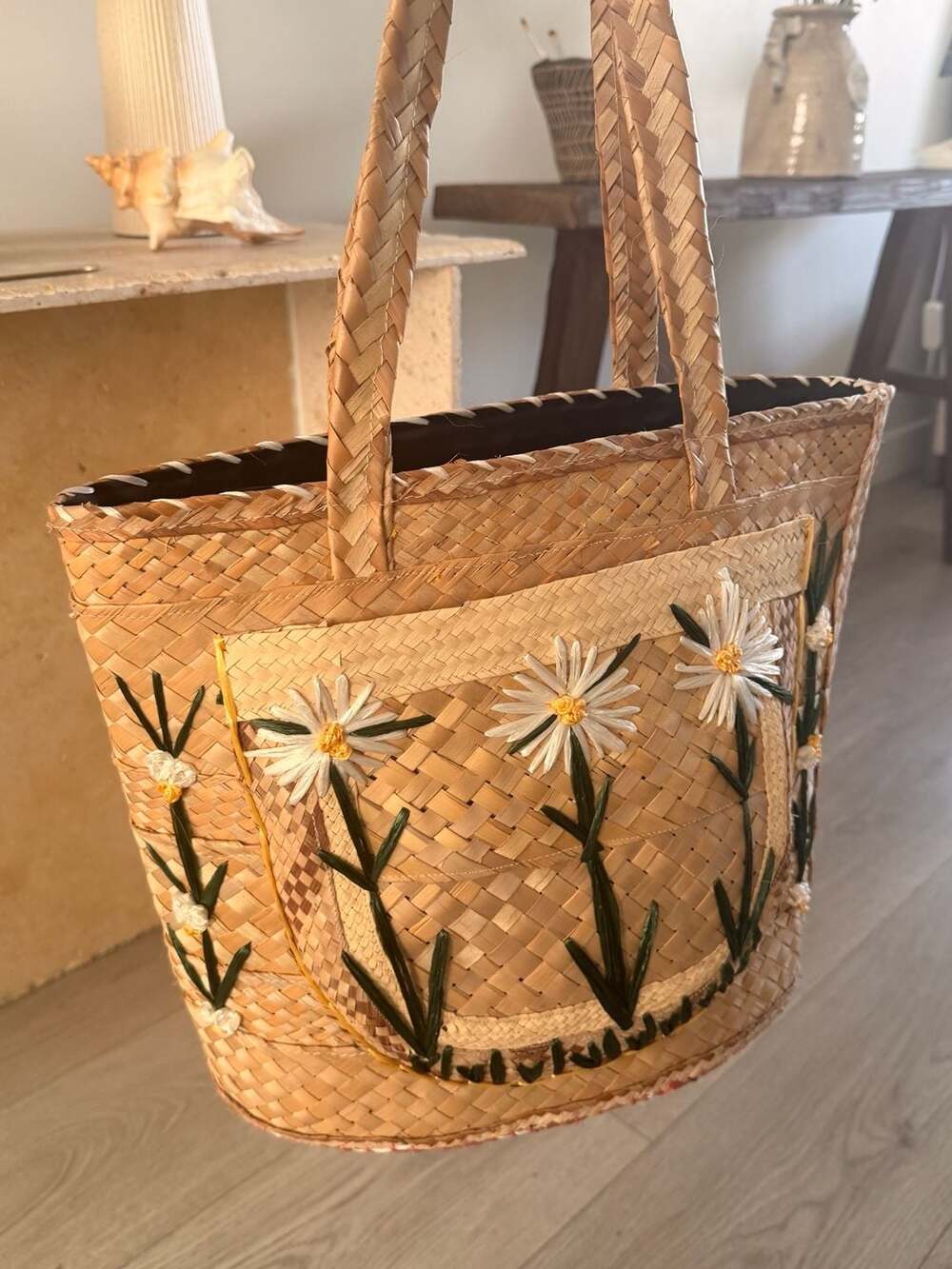 Vintage Handwoven Straw Tote Bag with Raffia Daisy Embroidery - Picture 2 of 4
